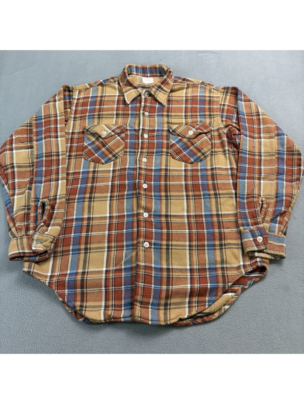Vintage 60s Oshkosh Heavyweight Plaid Flannel Button Up Shirt L Large Long Brown